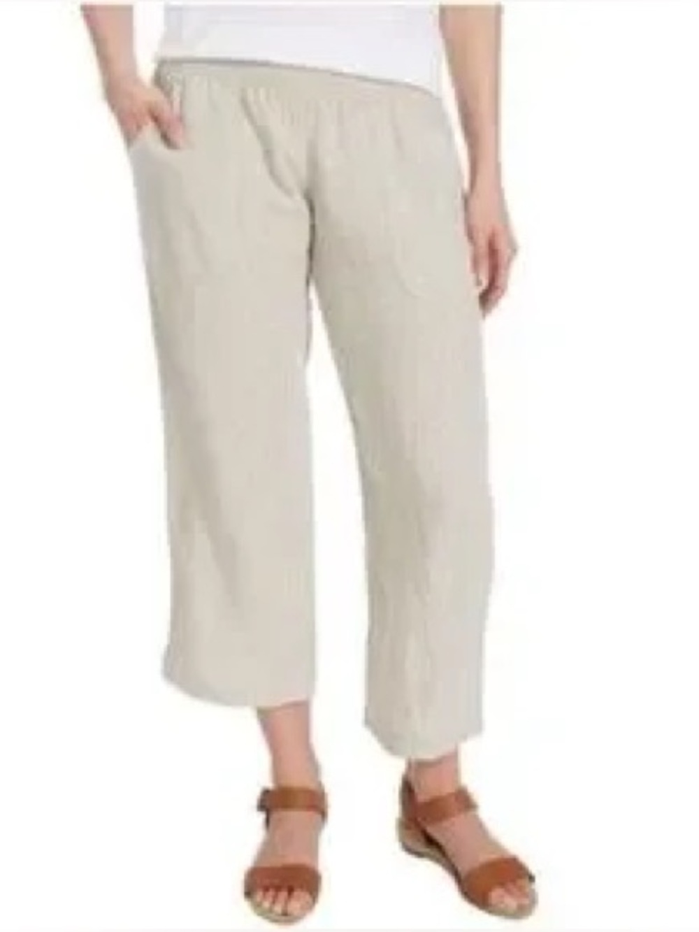 Allen Allen Beige Linen Elastic Waistband Cropped Pants XL